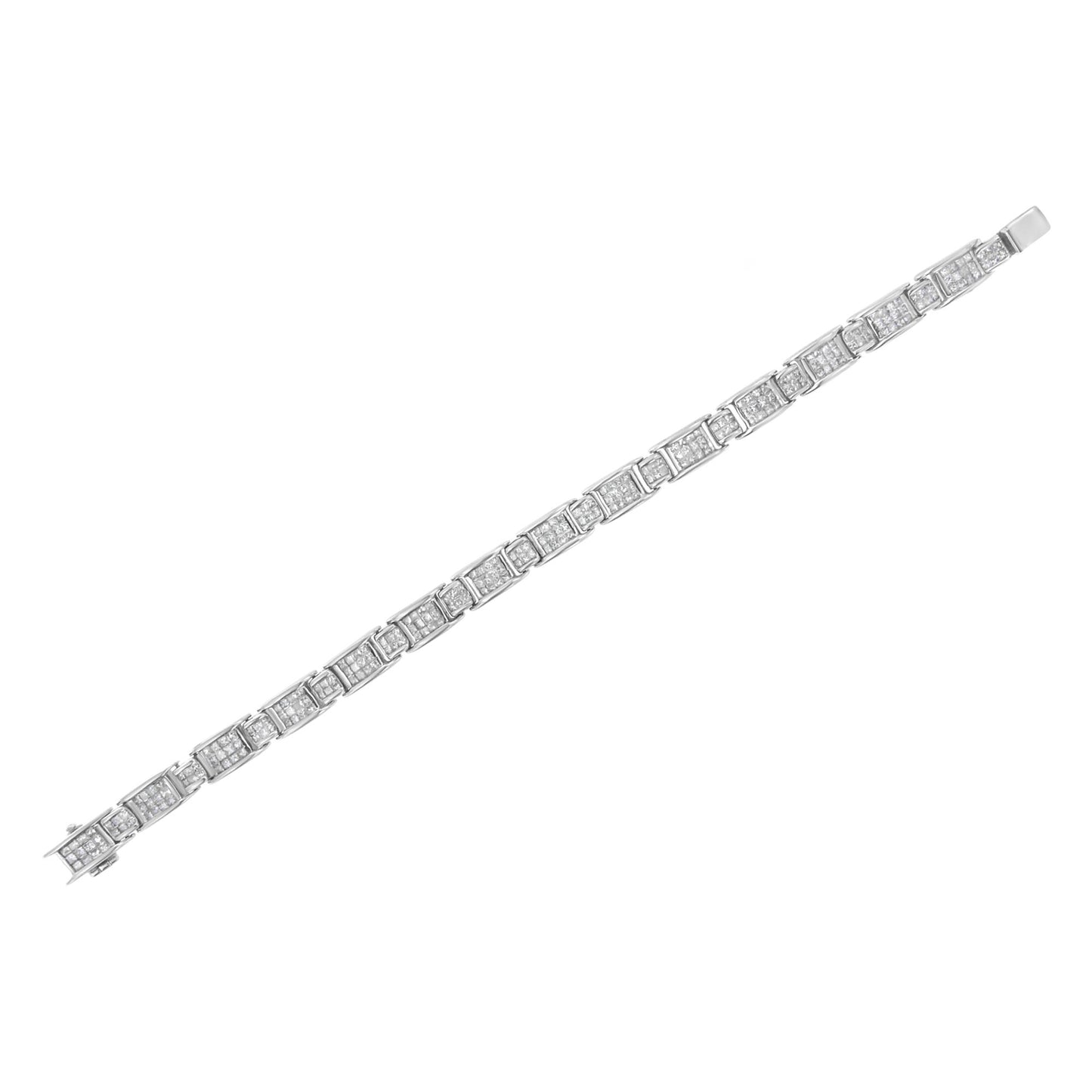 White metal bracelet with princess-shaped white gemstones in channel setting, shown flat on white background from a top angle.
