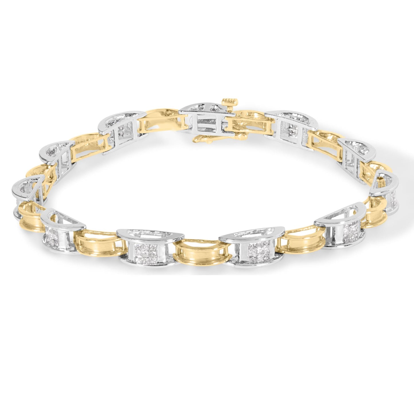 Bracelet photographed at a slight angle, featuring alternating yellow and white metal segments with channel-set white princess-shaped gemstones.