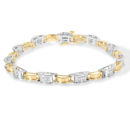 Bracelet photographed at a slight angle, featuring alternating yellow and white metal segments with channel-set white princess-shaped gemstones.