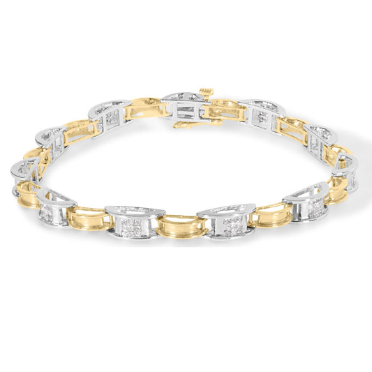 Bracelet photographed at a slight angle, featuring alternating yellow and white metal segments with channel-set white princess-shaped gemstones.
