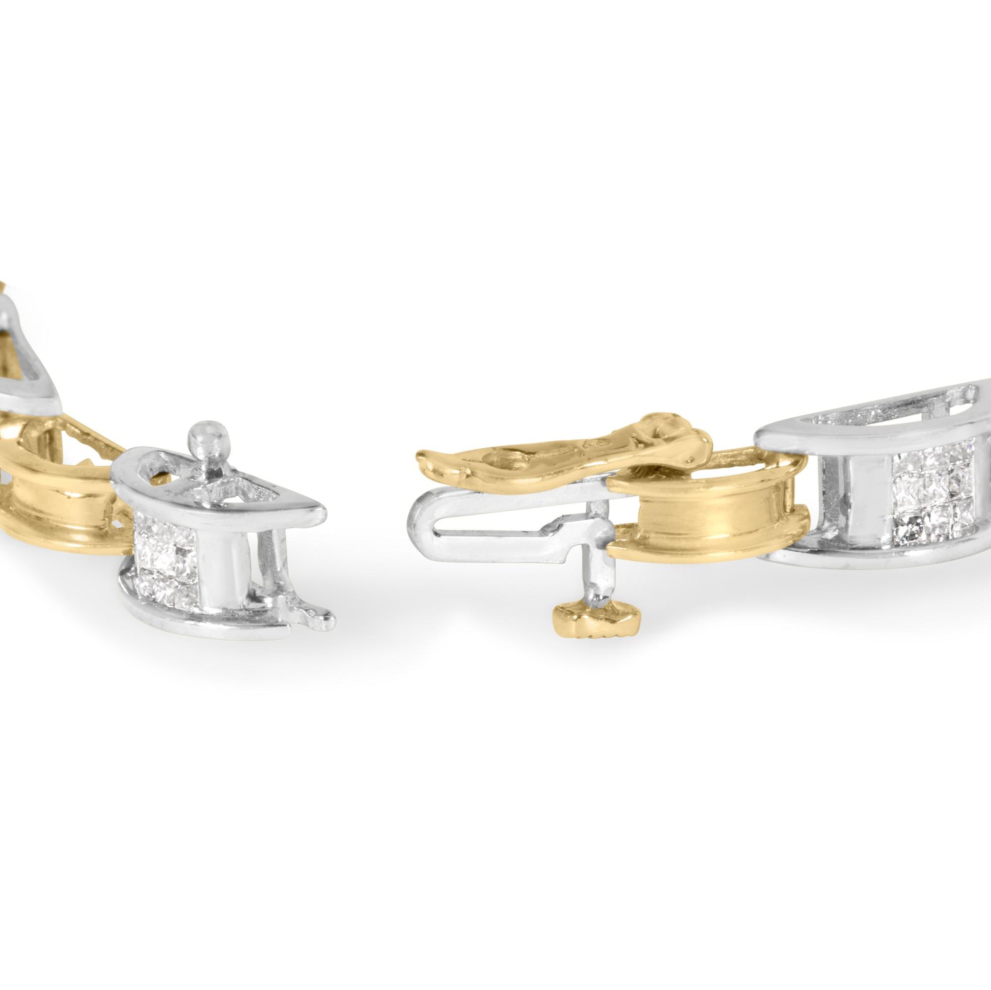 Close-up front angle of a yellow and white metal bracelet clasp featuring princess-shaped white gemstones in a channel setting.