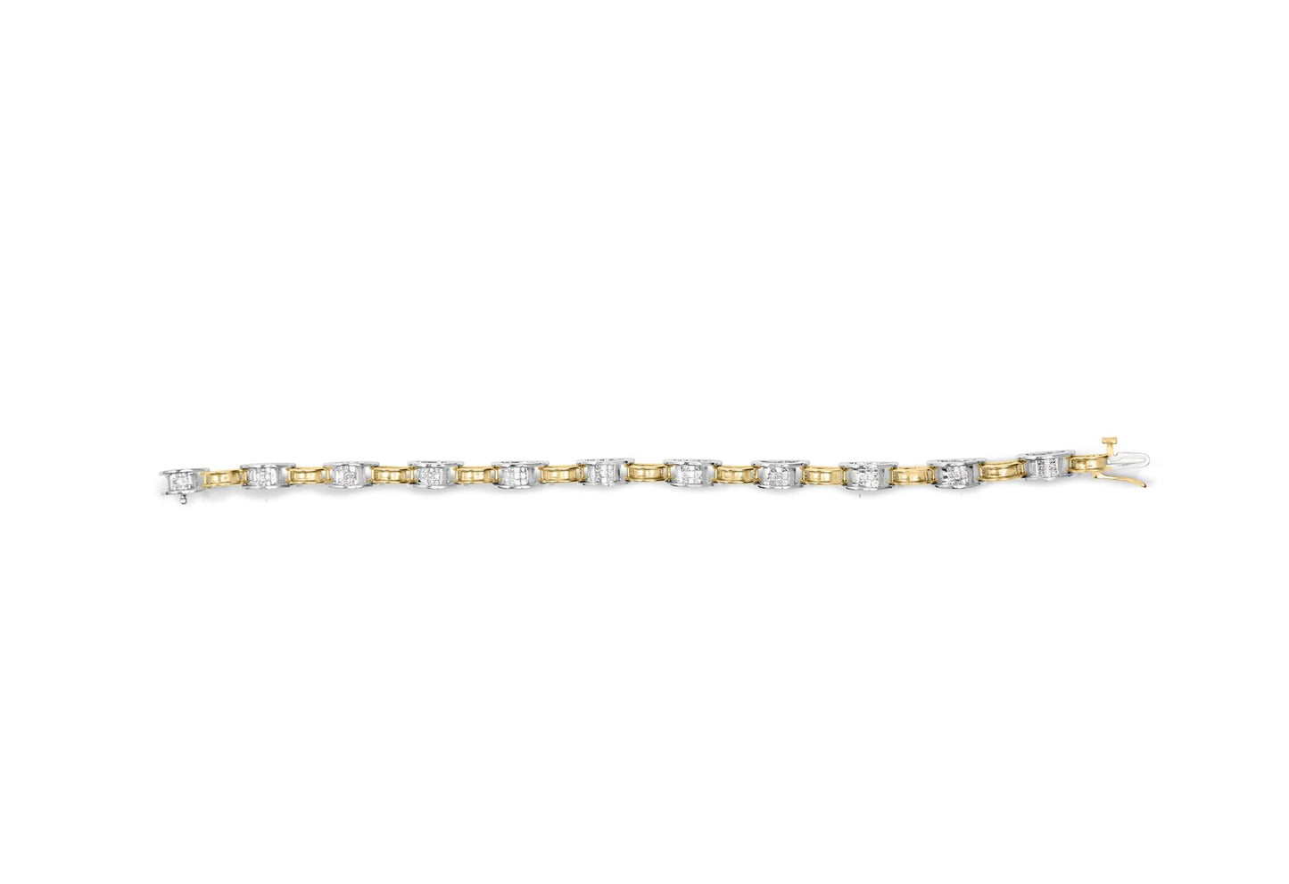 Top view of a two-tone yellow and white metal bracelet with rectangular sections featuring white princess-shaped gemstones in channel settings, laid flat on a white background.