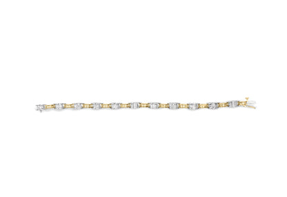 Top view of a two-tone yellow and white metal bracelet with rectangular sections featuring white princess-shaped gemstones in channel settings, laid flat on a white background.