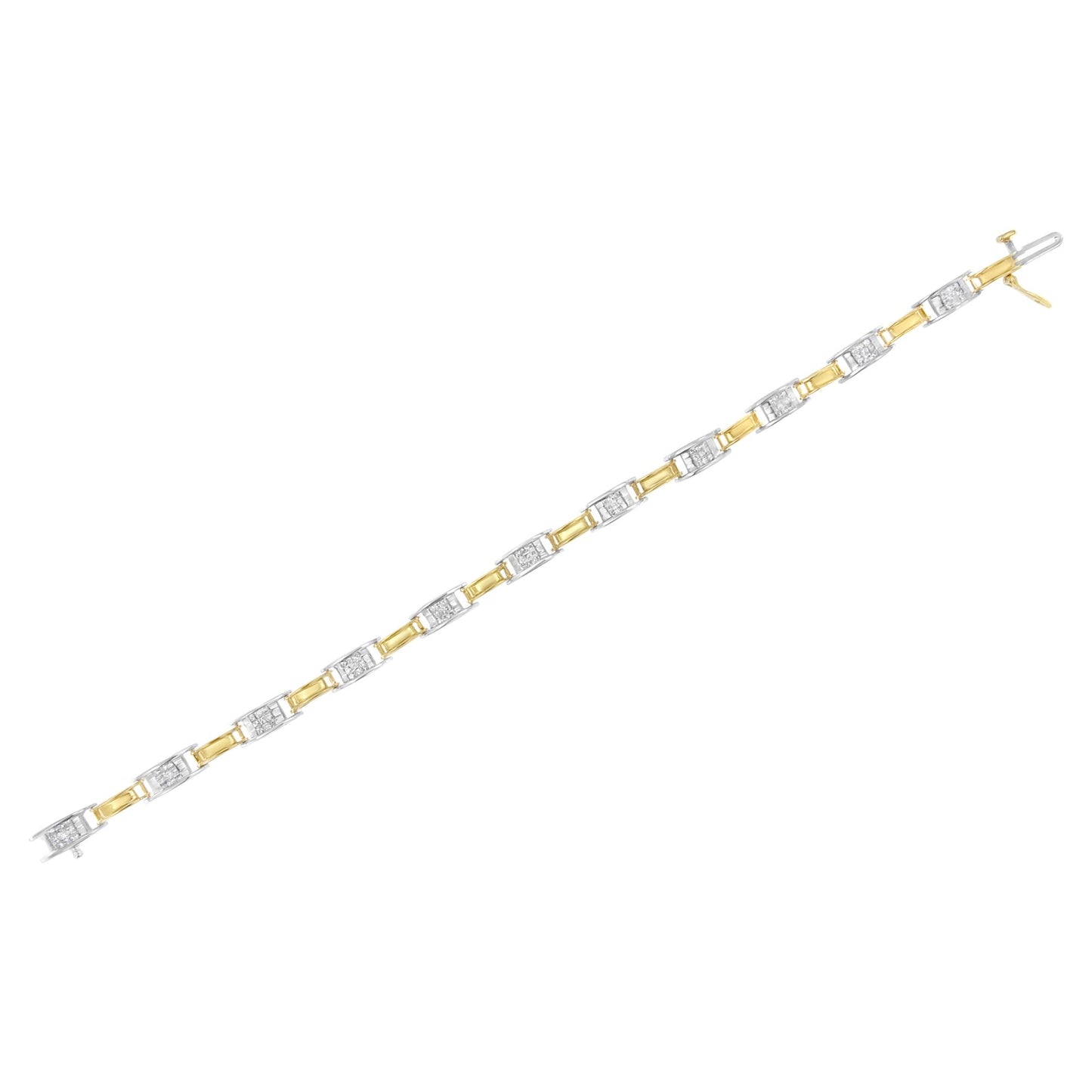 Bracelet with alternating yellow and white links, white links set with princess-shaped white gemstones in a channel setting, shown flat from a top-down angle.