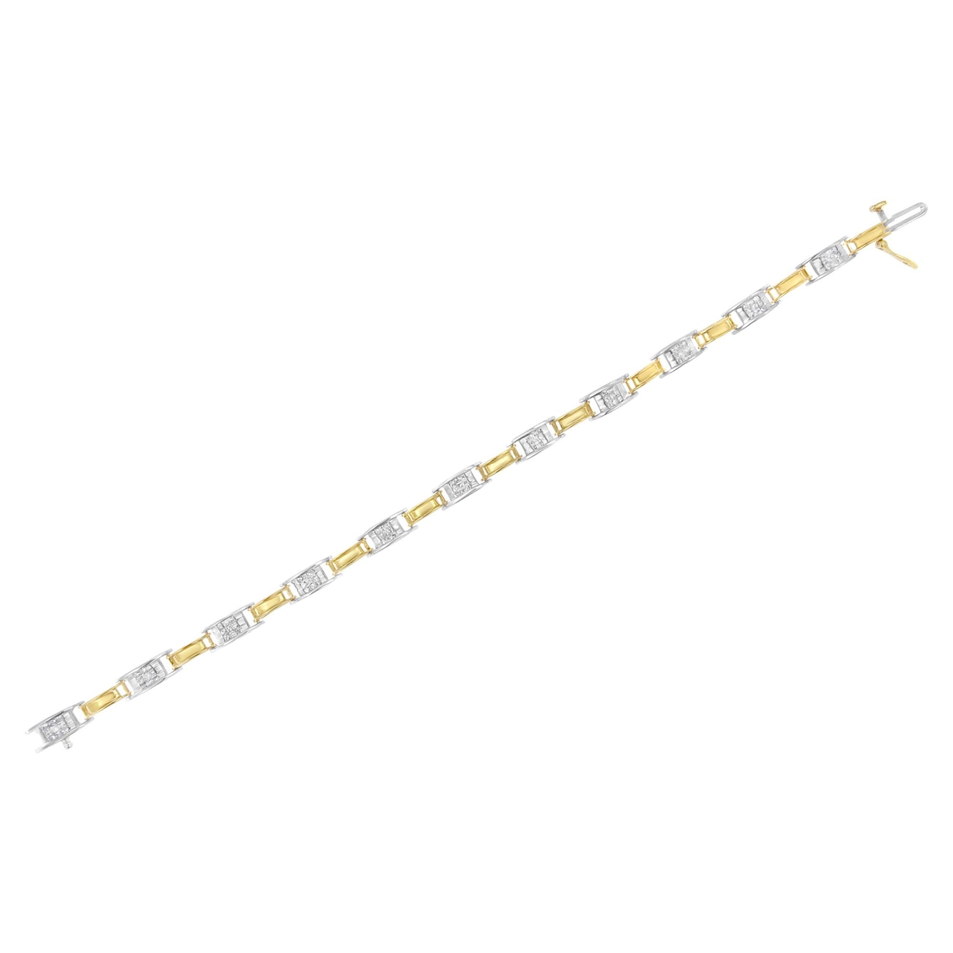Bracelet with alternating yellow and white links, white links set with princess-shaped white gemstones in a channel setting, shown flat from a top-down angle.