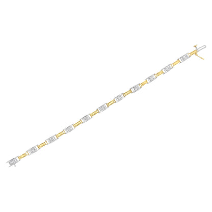Bracelet with alternating yellow and white links, white links set with princess-shaped white gemstones in a channel setting, shown flat from a top-down angle.