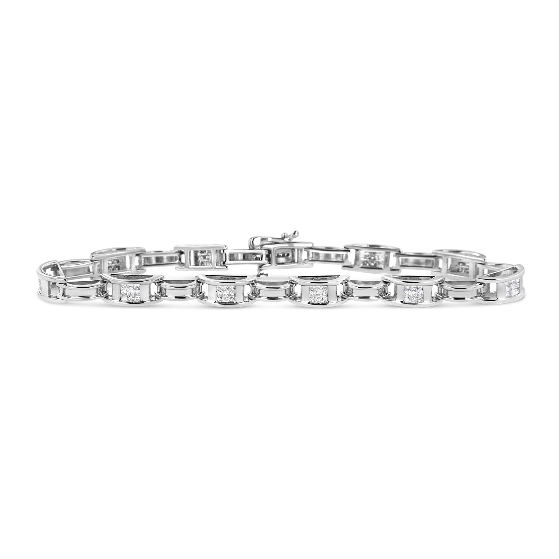 White metal bracelet with square-shaped links featuring white gemstones in an invisible setting, shown in a front flat lay angle.