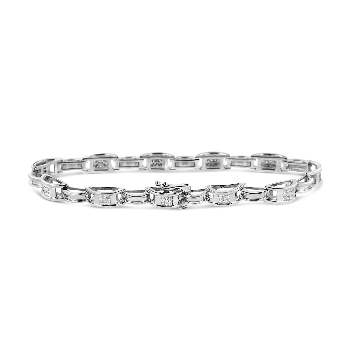 White metal bracelet with links featuring square clusters of white gemstones in invisible setting, shown from a front angle on a white background.