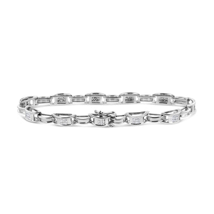 White metal bracelet with links featuring square clusters of white gemstones in invisible setting, shown from a front angle on a white background.