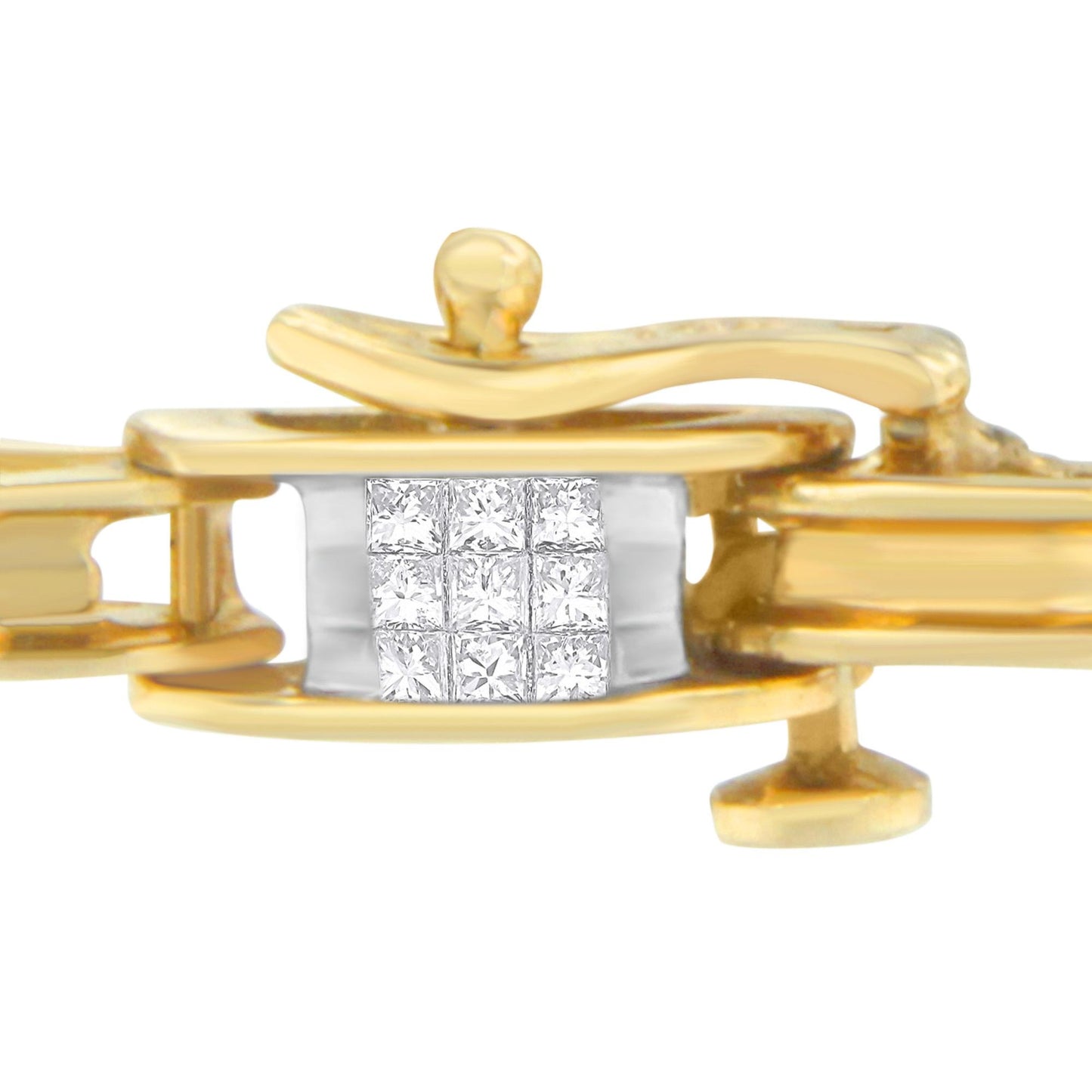 Close-up side angle of a yellow metal bracelet clasp featuring a channel setting with multiple white princess-shaped gemstones.