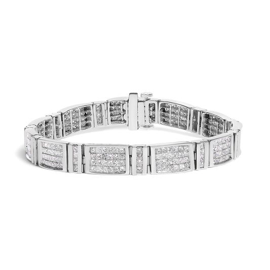 White metal bracelet with rectangular sections set with multiple rows of princess-shaped white gemstones in an invisible setting, shown from a front angle.