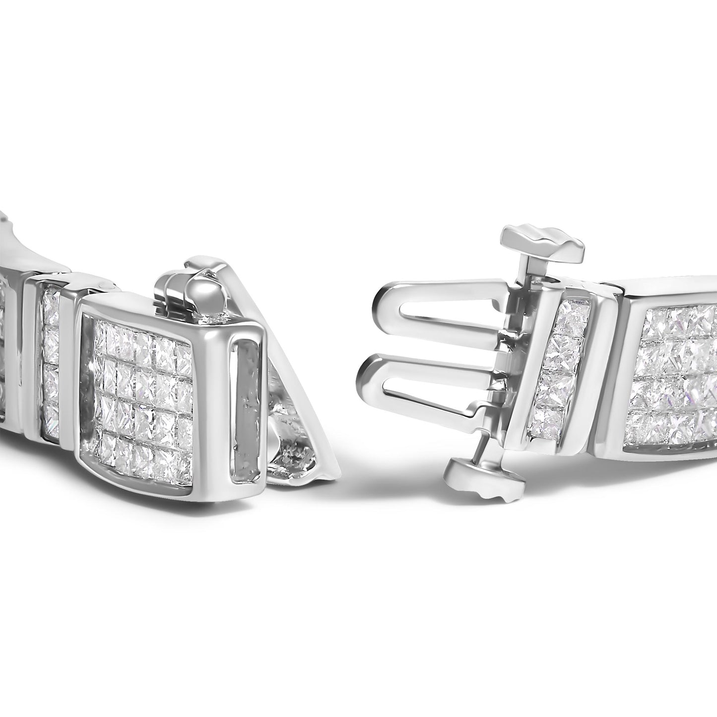 Close-up front angle of a white metal bracelet with princess shape white gemstones in an invisible setting, showing the clasp open.