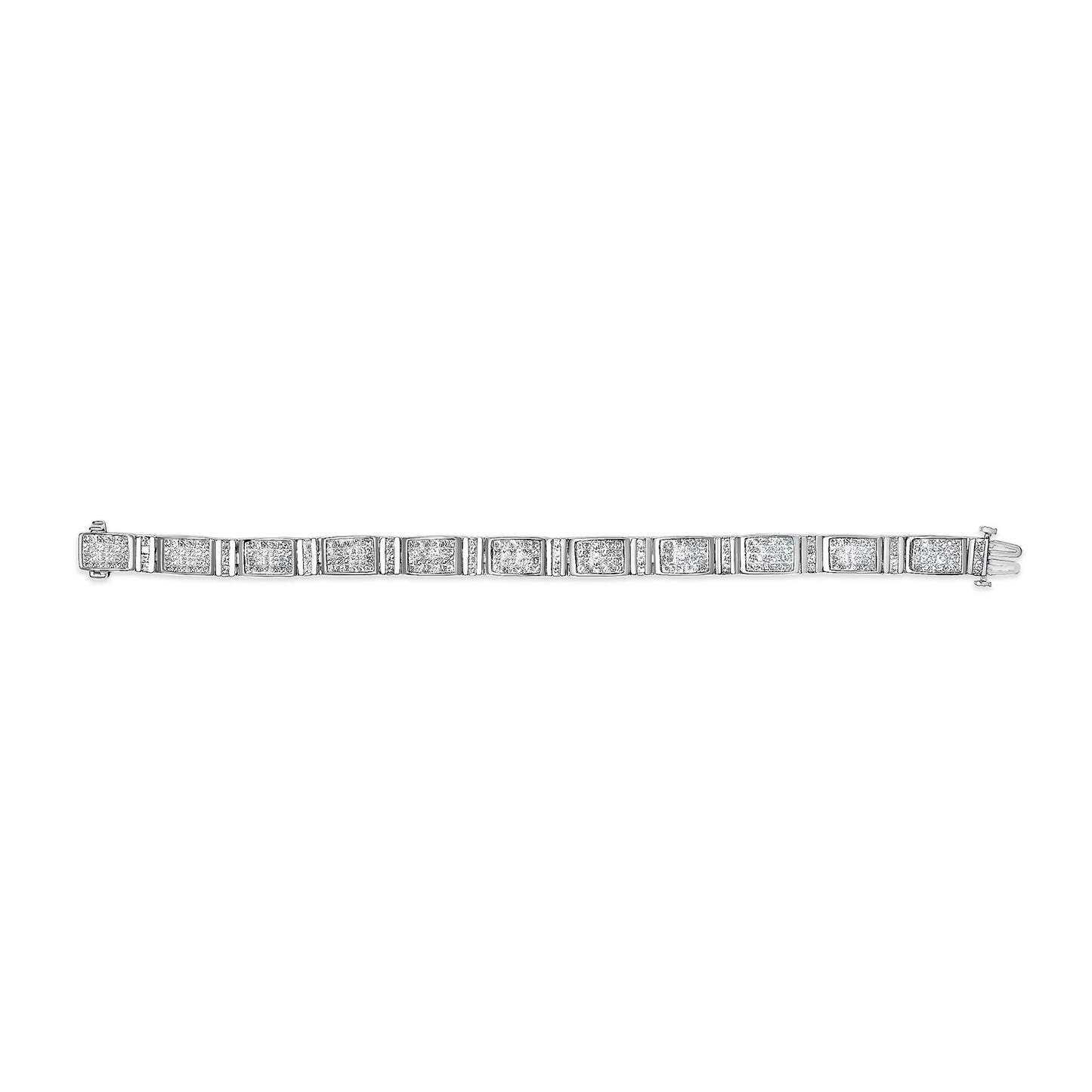 White metal bracelet with rectangular links featuring white gemstones in princess shape invisible settings, shown from a top flat angle.