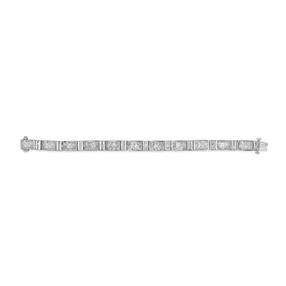 White metal bracelet with rectangular links featuring white gemstones in princess shape invisible settings, shown from a top flat angle.