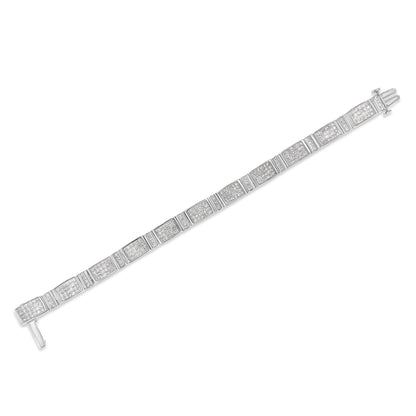 White metal bracelet with rectangular links featuring clusters of small white gemstones in an invisible setting, shown from a top-down angle.