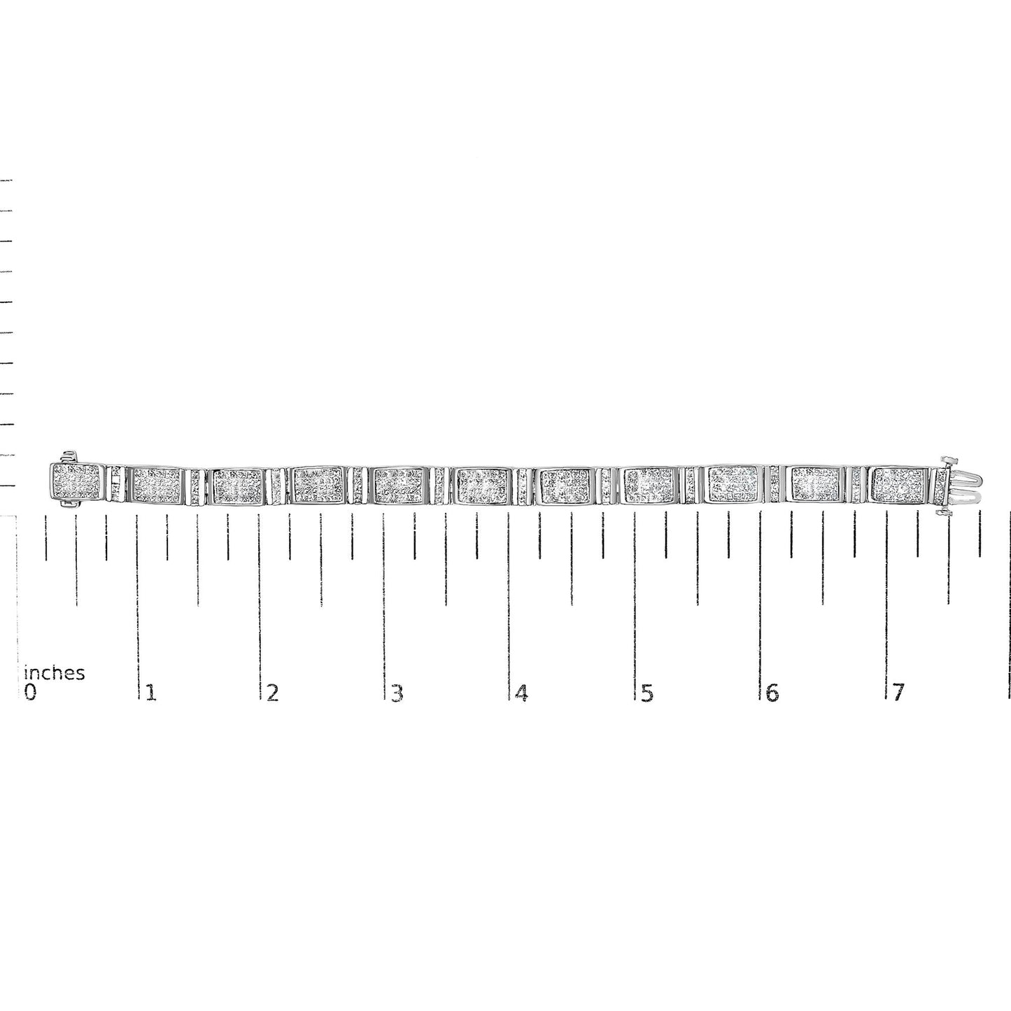 White metal bracelet with square panels set with white gemstones in an invisible setting, displayed flat on a ruler for size reference, top-down angle.