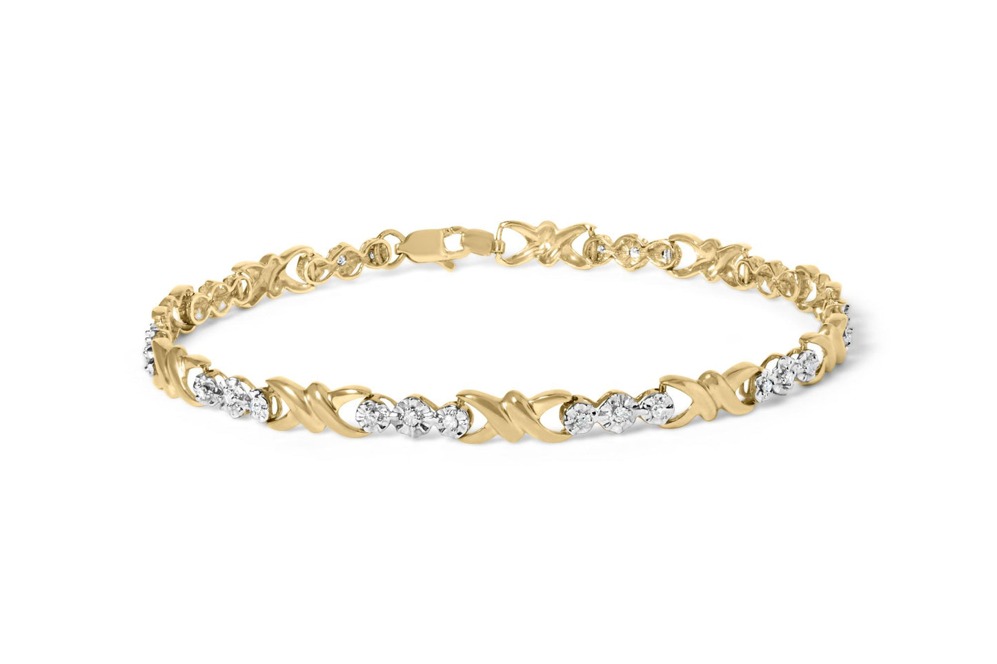 Yellow bracelet with alternating X-shaped links and round white gemstones, shown from a front angle.