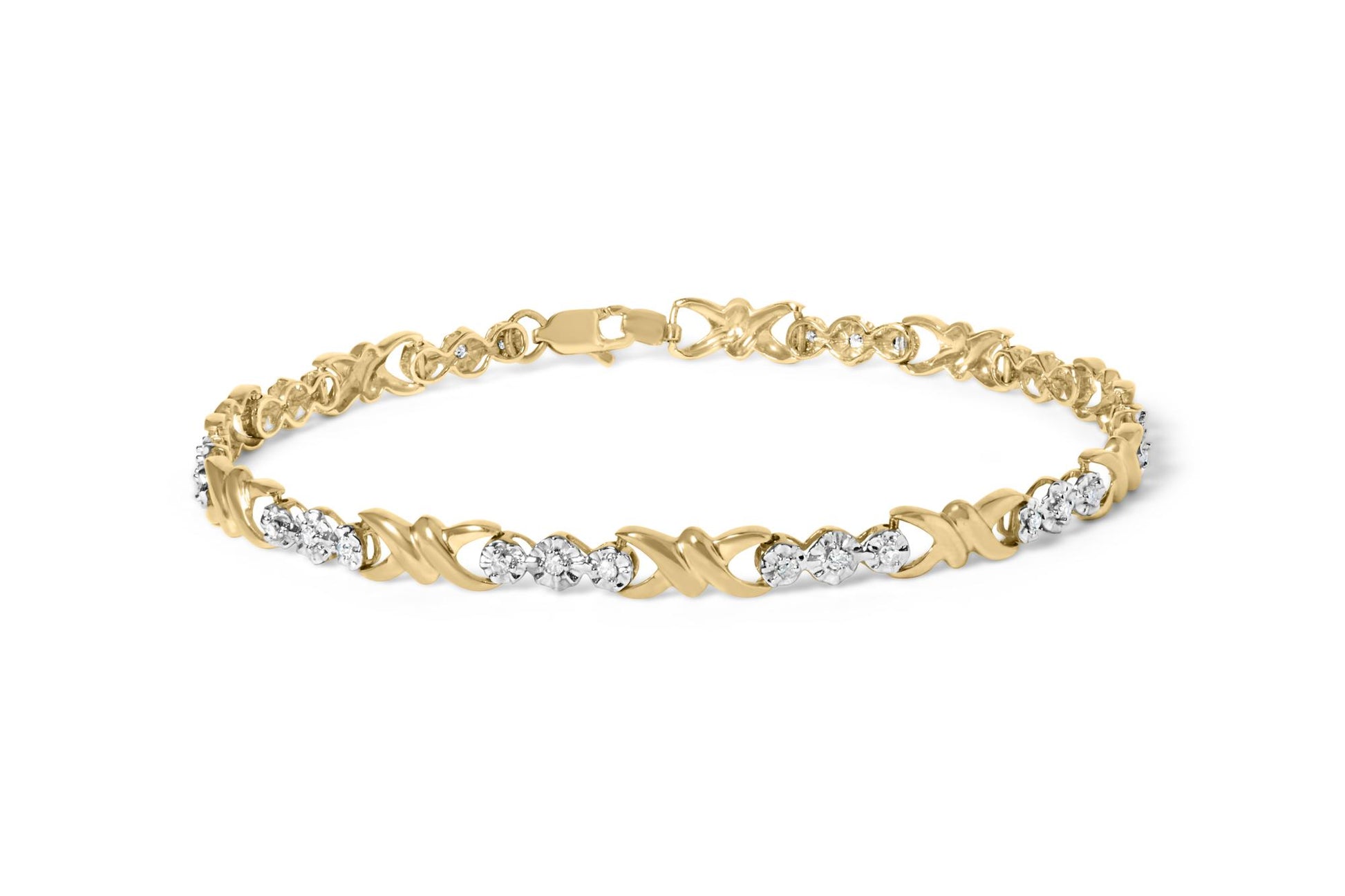 Yellow bracelet with alternating X-shaped links and round white gemstones, shown from a front angle.