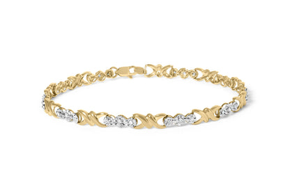 Yellow bracelet with alternating X-shaped links and round white gemstones, shown from a front angle.