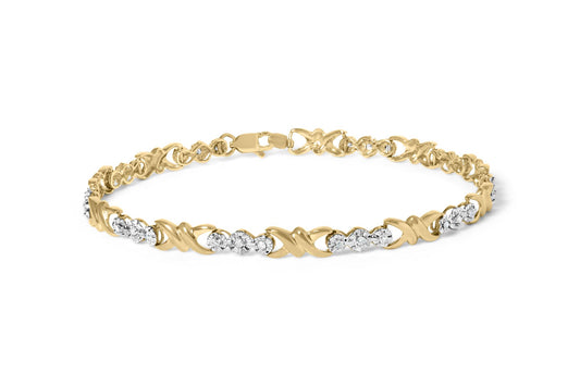 Yellow bracelet with alternating X-shaped links and round white gemstones, shown from a front angle.