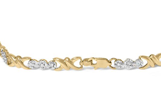 Close-up front view of a yellow bracelet featuring alternating twisted links and clusters of round white gemstones in a miracle setting with a clasp.
