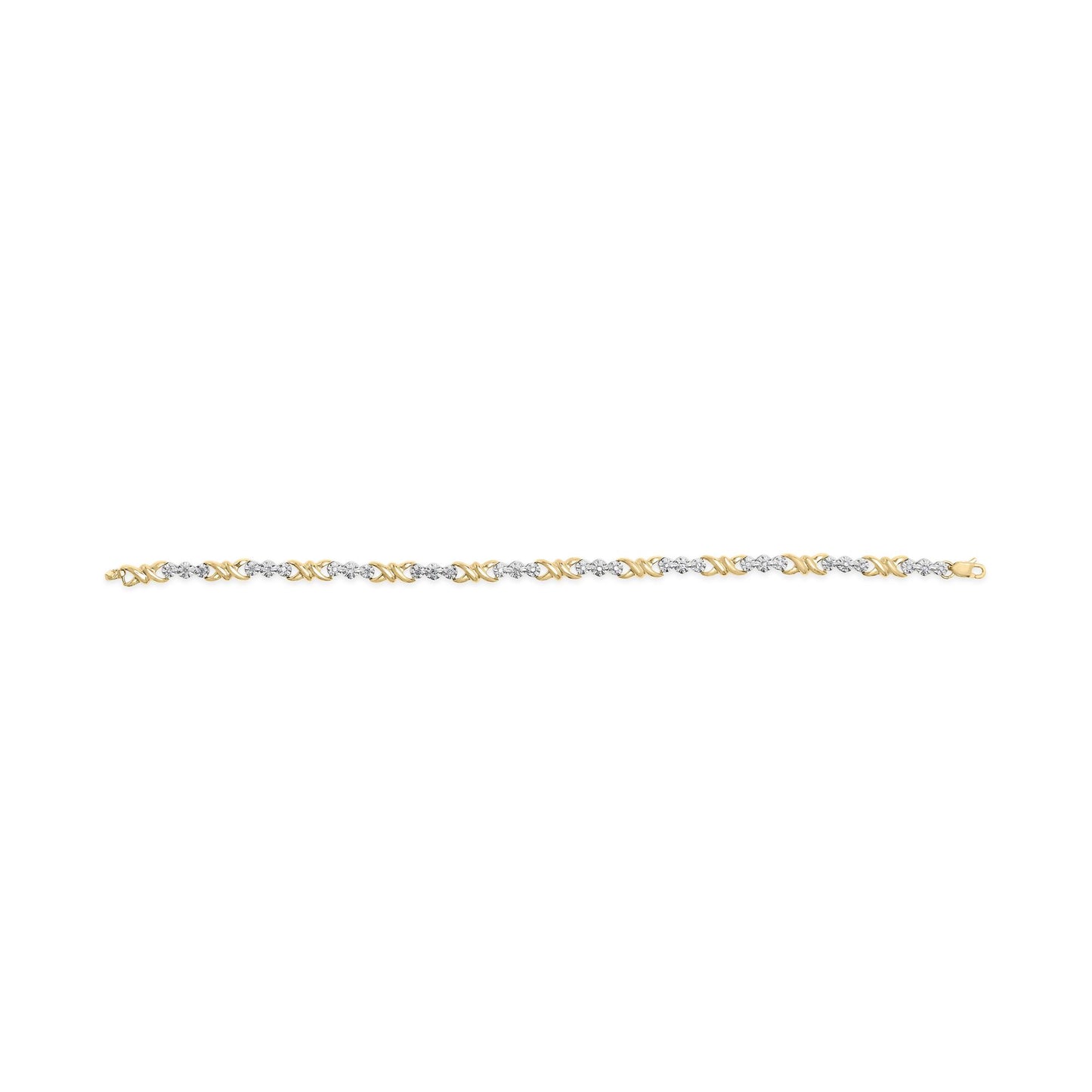 Yellow bracelet with alternating round white gemstones in miracle settings and yellow X-shaped links, shown in a flat lay horizontal angle.