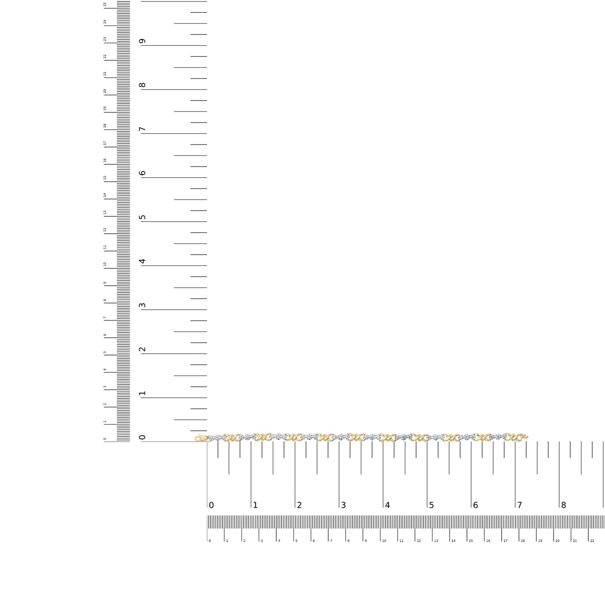 Yellow metal bracelet with alternating white round gemstones in a miracle setting, displayed on a ruler for size reference, top-down angle.