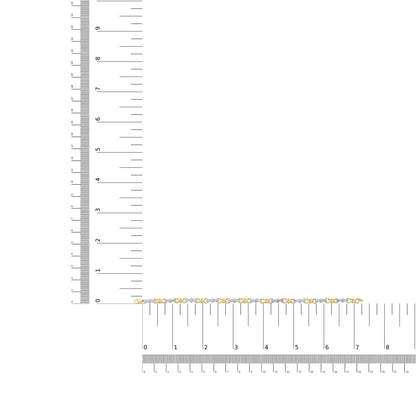 Yellow metal bracelet with alternating white round gemstones in a miracle setting, displayed on a ruler for size reference, top-down angle.
