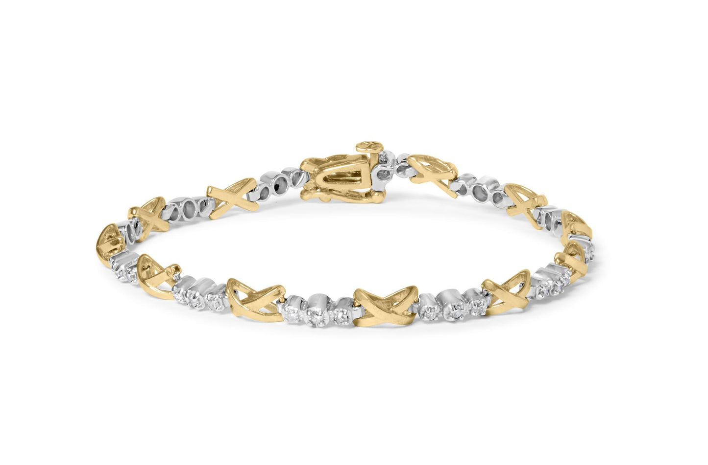 Bracelet with alternating yellow and white metal links accented with white round gemstones, shown in a front angled view.