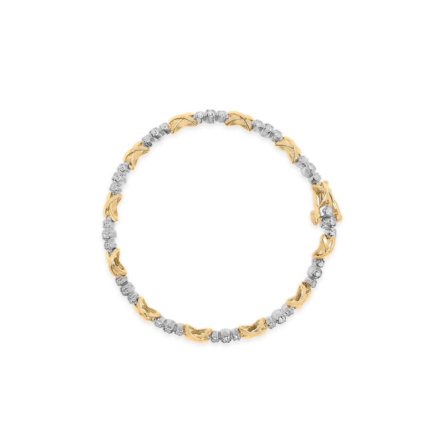 Top-down view of a yellow and white metal bracelet featuring alternating yellow metal links and prong-set white round gemstones forming a continuous circle.
