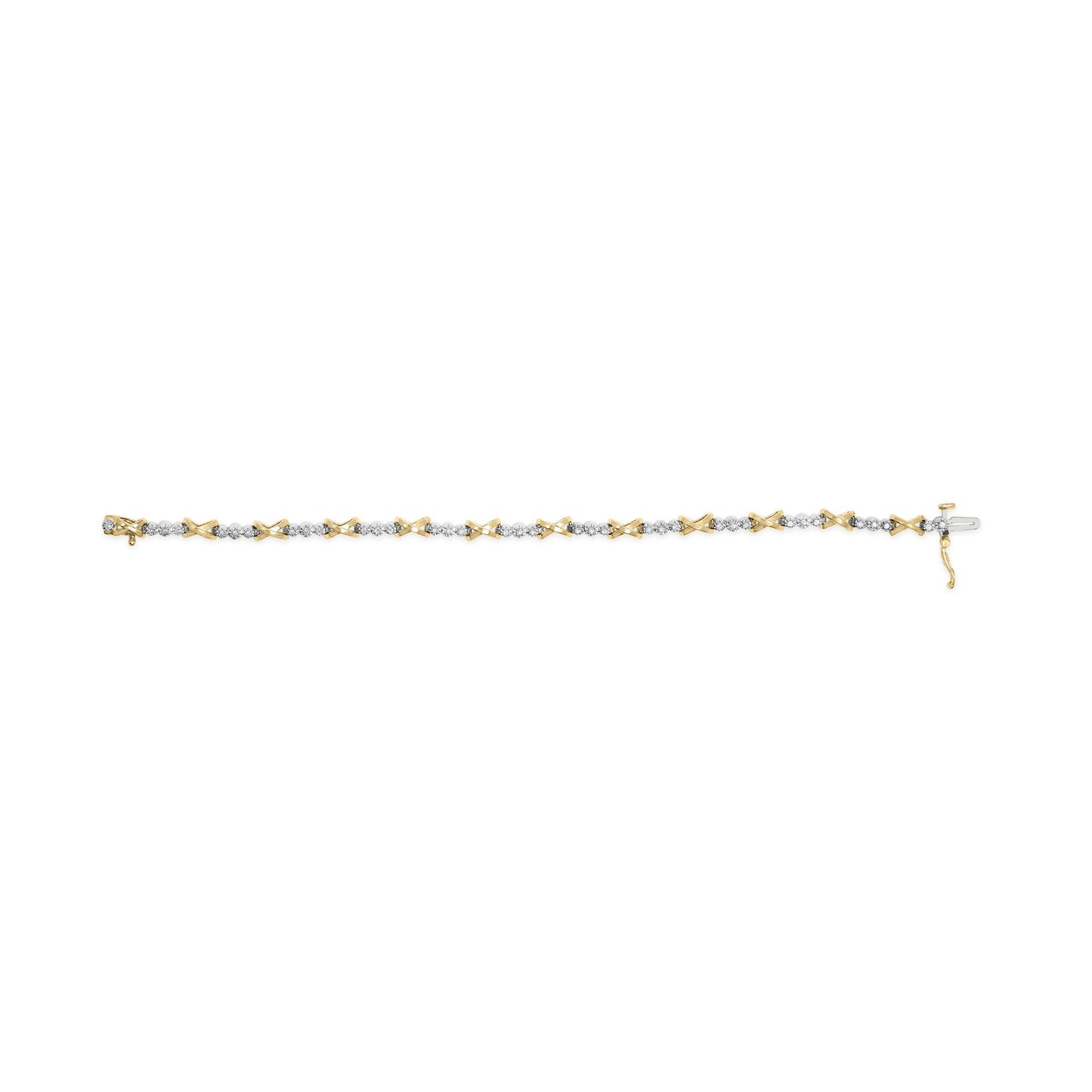 Bracelet with alternating yellow and white metal X-shaped links and round white gemstones set between them, shown from a top-down angle.