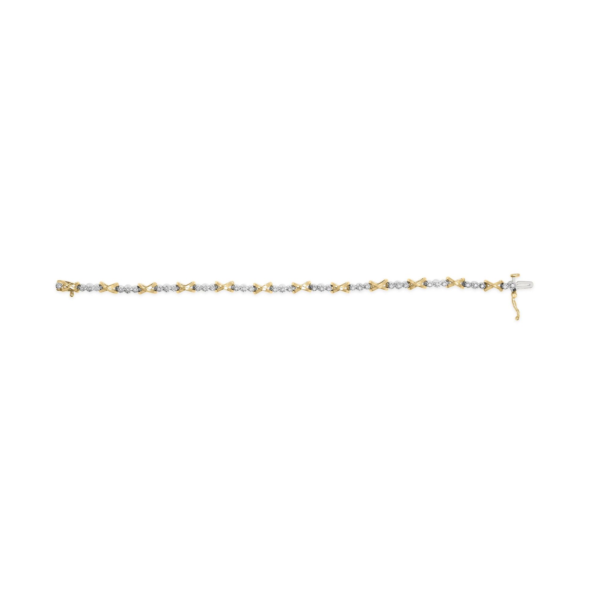 Bracelet with alternating yellow and white metal X-shaped links and round white gemstones set between them, shown from a top-down angle.