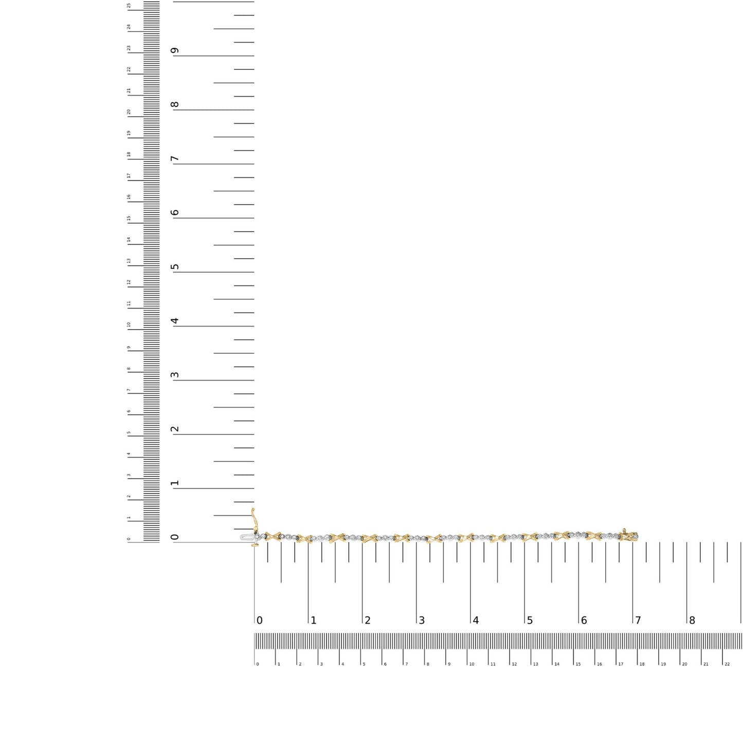 Bracelet with alternating yellow and white sections featuring round white gemstones in prong settings, displayed flat on a ruler for size reference, shot from above.