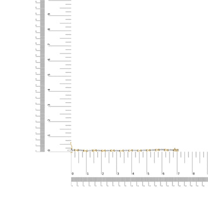 Bracelet with alternating yellow and white sections featuring round white gemstones in prong settings, displayed flat on a ruler for size reference, shot from above.