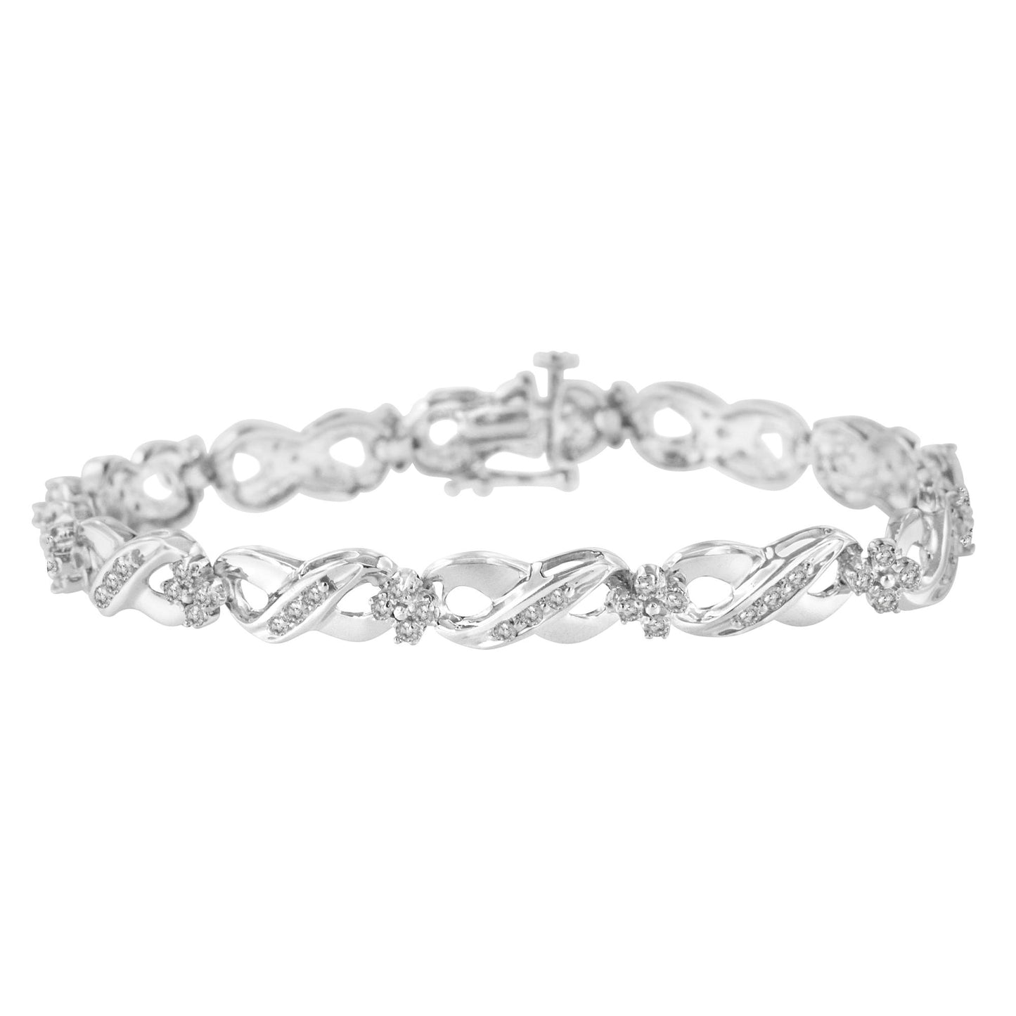 White metal bracelet with alternating twisted links and small clusters of round white gemstones in prong settings, shown in a close-up front angle.