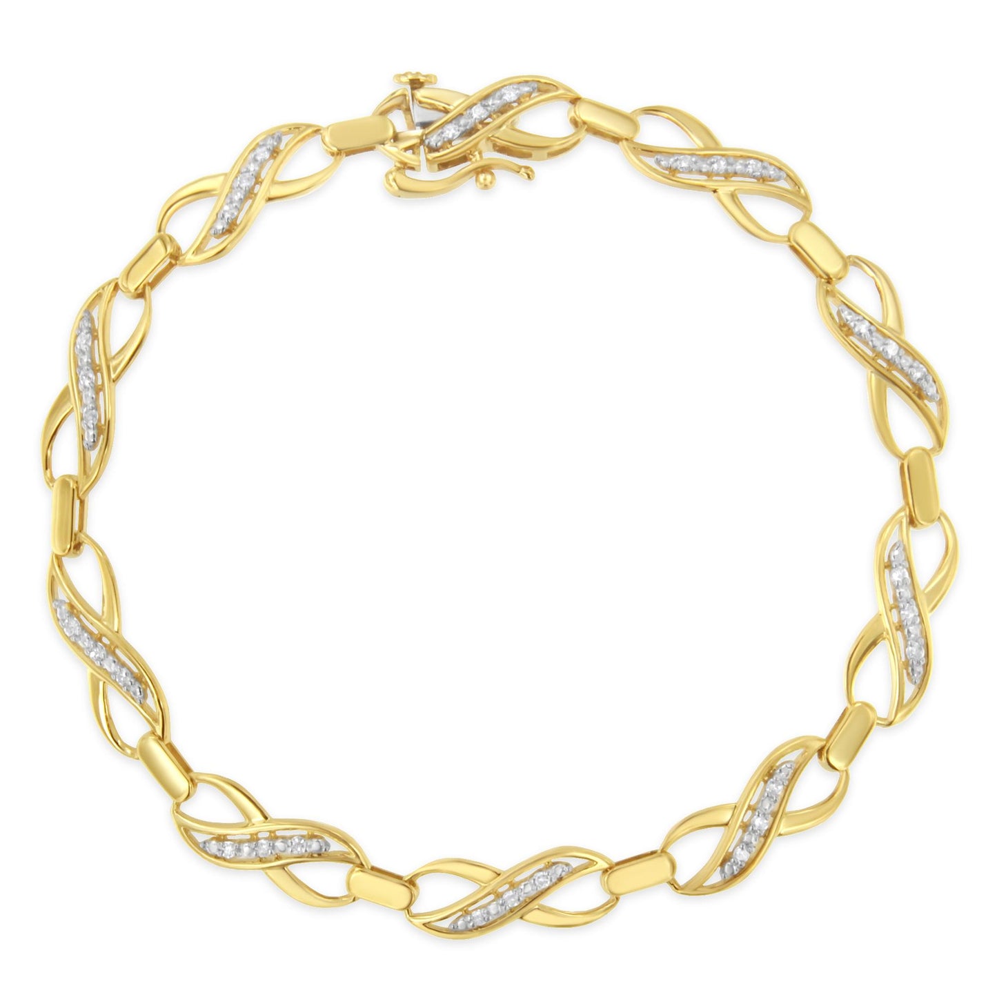 Top-down view of a yellow metal bracelet with twisted links, each set with small round white gemstones in prong settings.