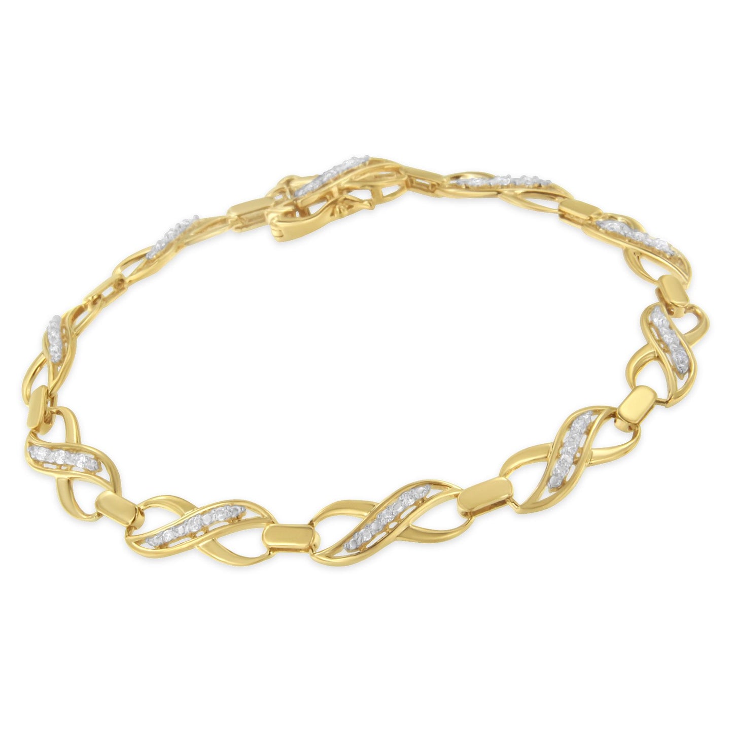 Close-up front angle of a yellow bracelet with twisted links featuring prong-set white round gemstones.