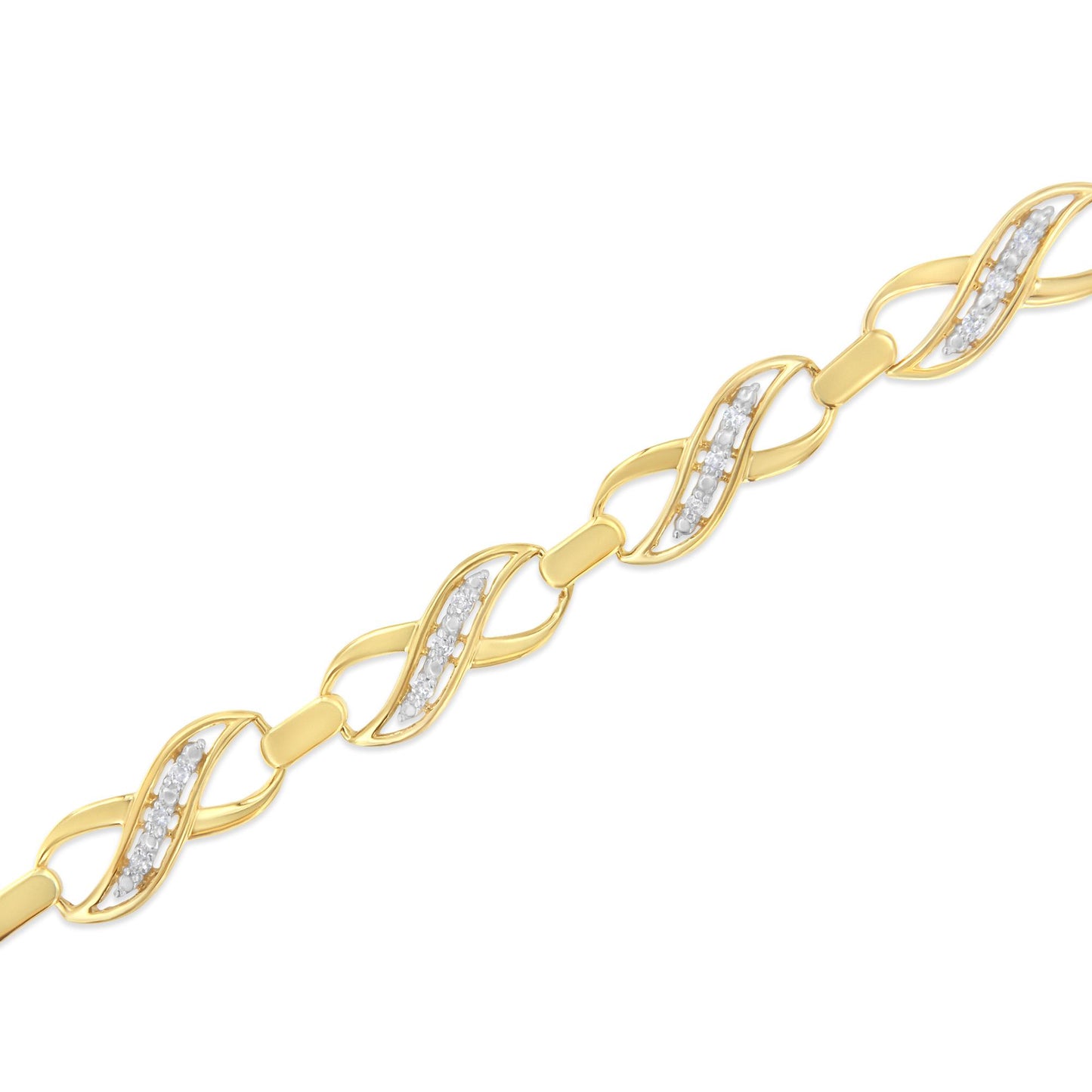 Close-up angled view of a yellow metal bracelet with alternating twisted links featuring rows of prong-set white round gemstones.