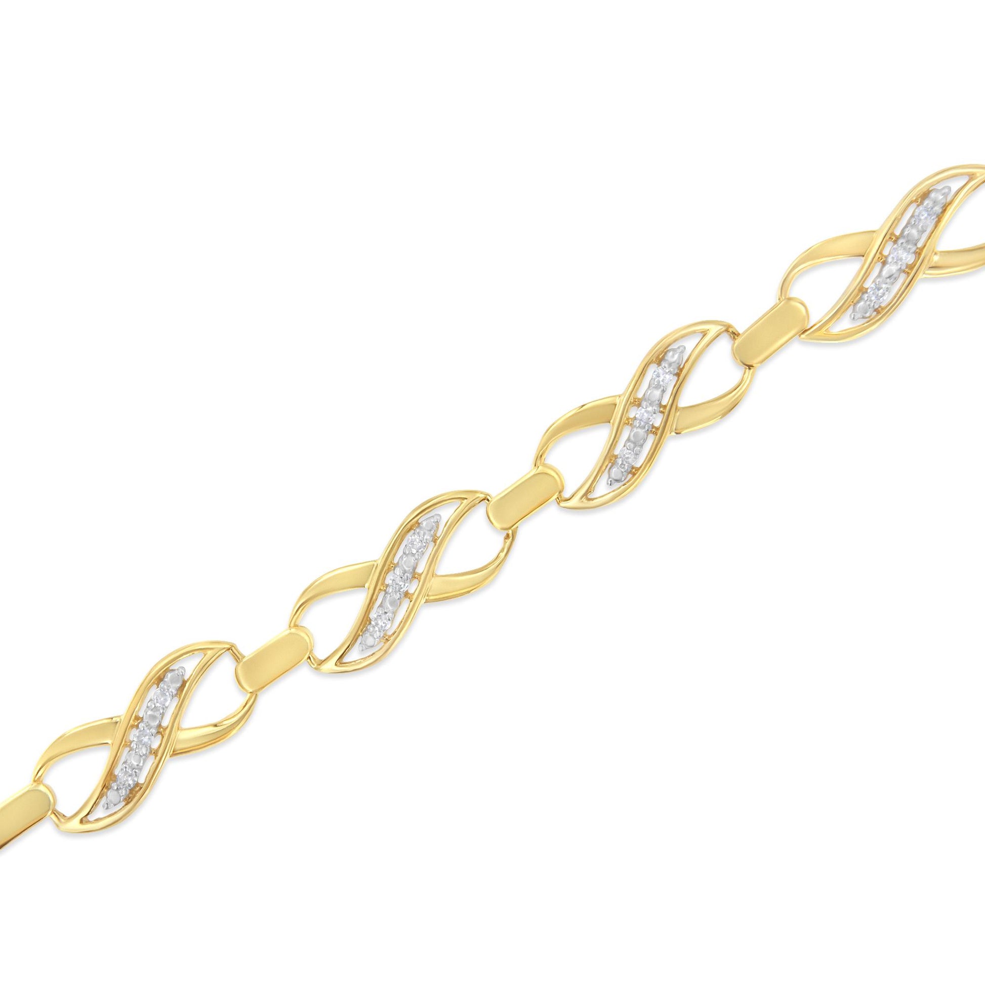 Close-up angled view of a yellow metal bracelet with alternating twisted links featuring rows of prong-set white round gemstones.