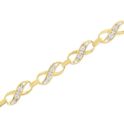 Close-up angled view of a yellow metal bracelet with alternating twisted links featuring rows of prong-set white round gemstones.