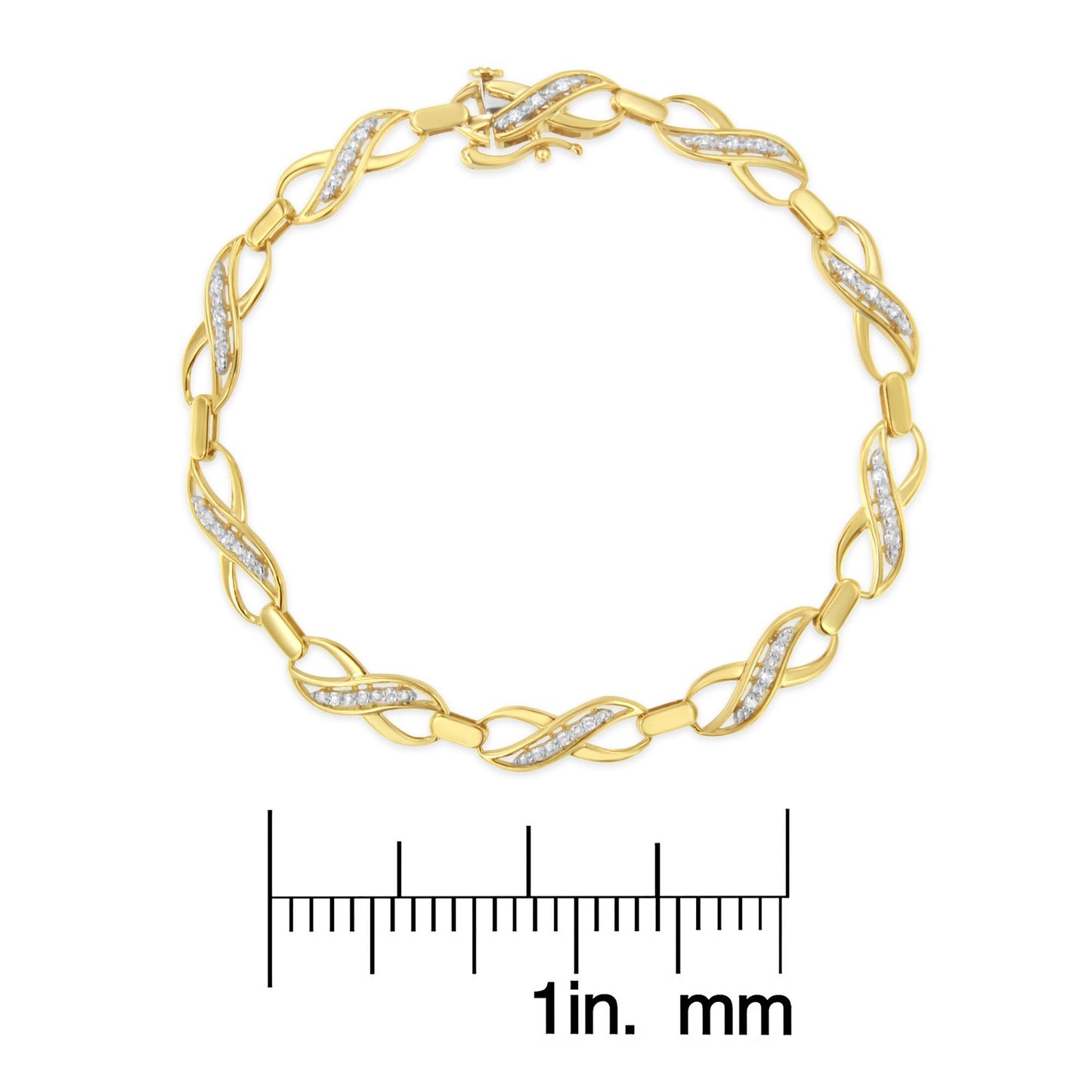 Yellow bracelet with interlocking links accented with white round gemstones, shown flat on a white background with a ruler for size reference.