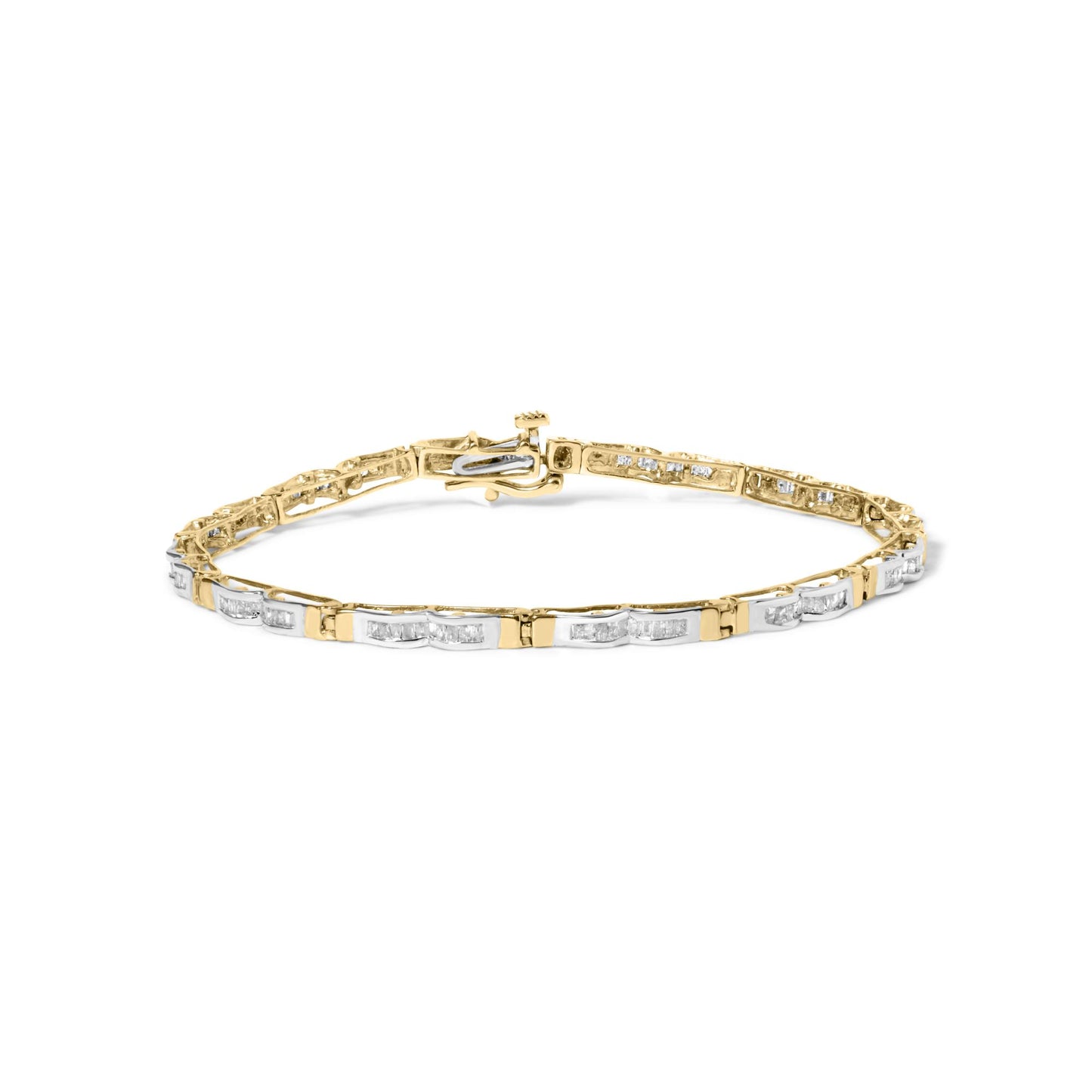 Yellow bracelet with white baguette-shaped gemstones in a channel setting, shown from a front angle on a white background.