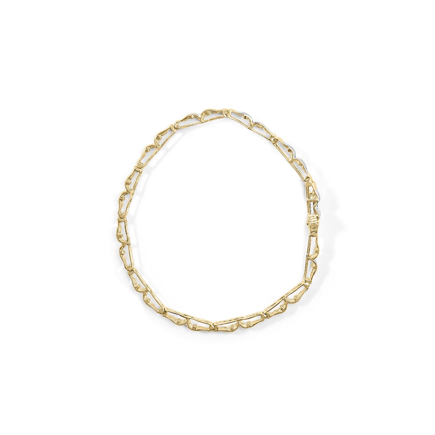 Top-down view of a yellow metal bracelet with an open-link design, shown flat on a white background.