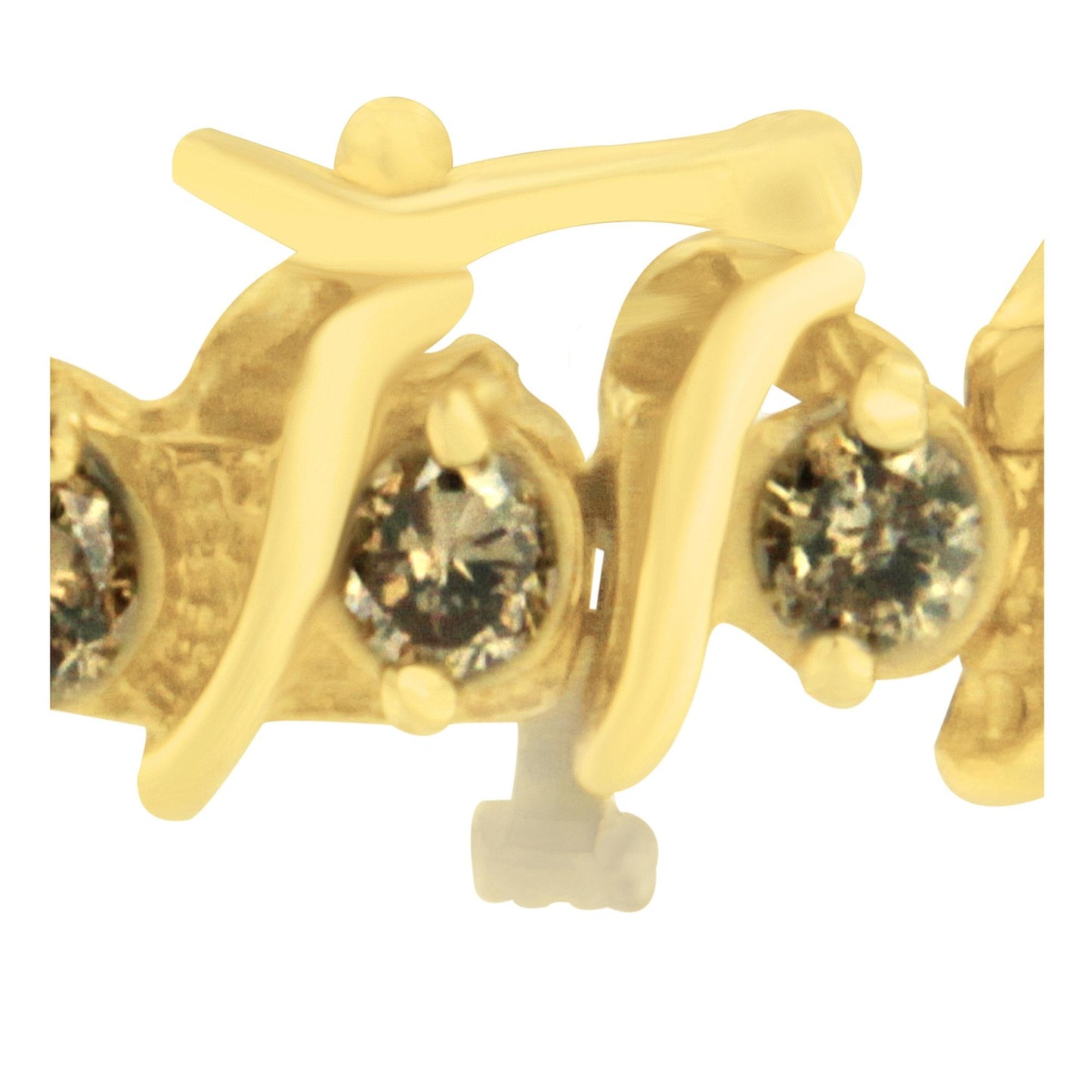 Close-up front angle of a yellow metal bracelet featuring multiple round brown gemstones in prong settings.