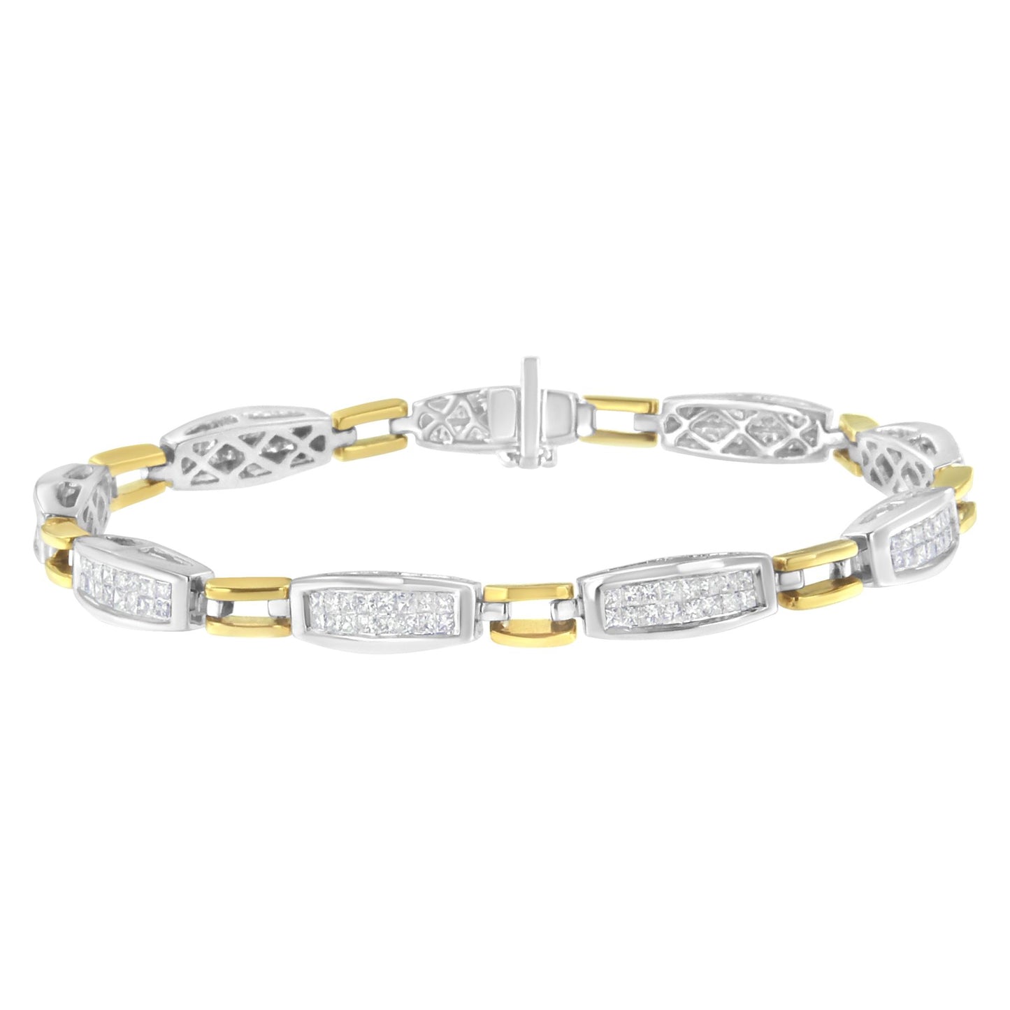 Bracelet with alternating yellow and white metal links featuring white princess-shaped gemstones in a channel setting, shown in a top flat lay angle.