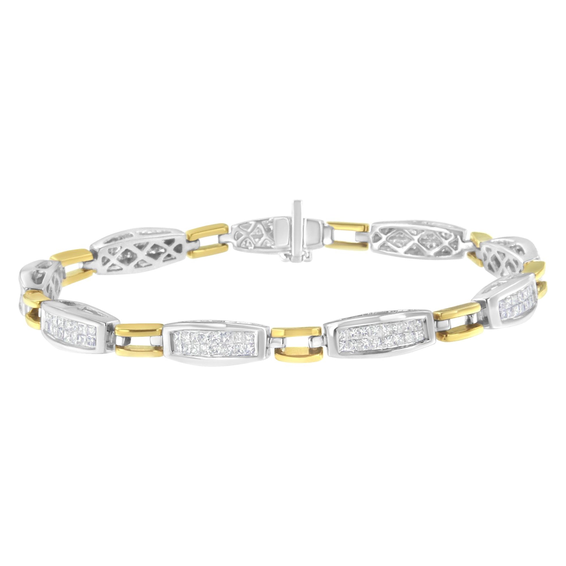 Bracelet with alternating yellow and white metal links featuring white princess-shaped gemstones in a channel setting, shown in a top flat lay angle.