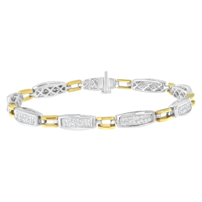 Bracelet with alternating yellow and white metal links featuring white princess-shaped gemstones in a channel setting, shown in a top flat lay angle.