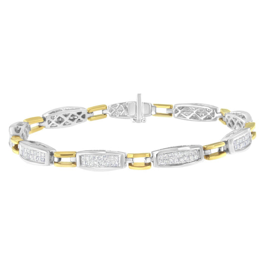 Bracelet with alternating yellow and white metal links featuring white princess-shaped gemstones in a channel setting, shown in a top flat lay angle.