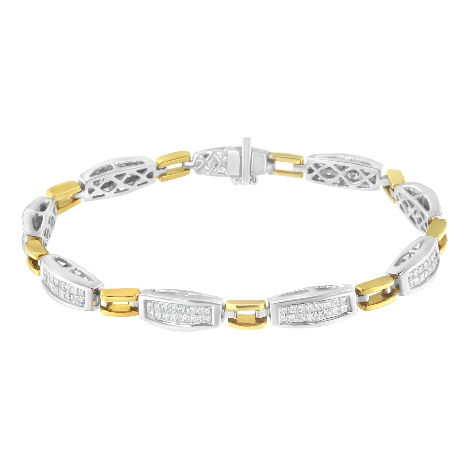 Bracelet with alternating yellow and white metal links, white gemstones in channel setting on white links, photographed from a front angle.