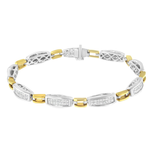 Bracelet with alternating yellow and white metal links, white gemstones in channel setting on white links, photographed from a front angle.